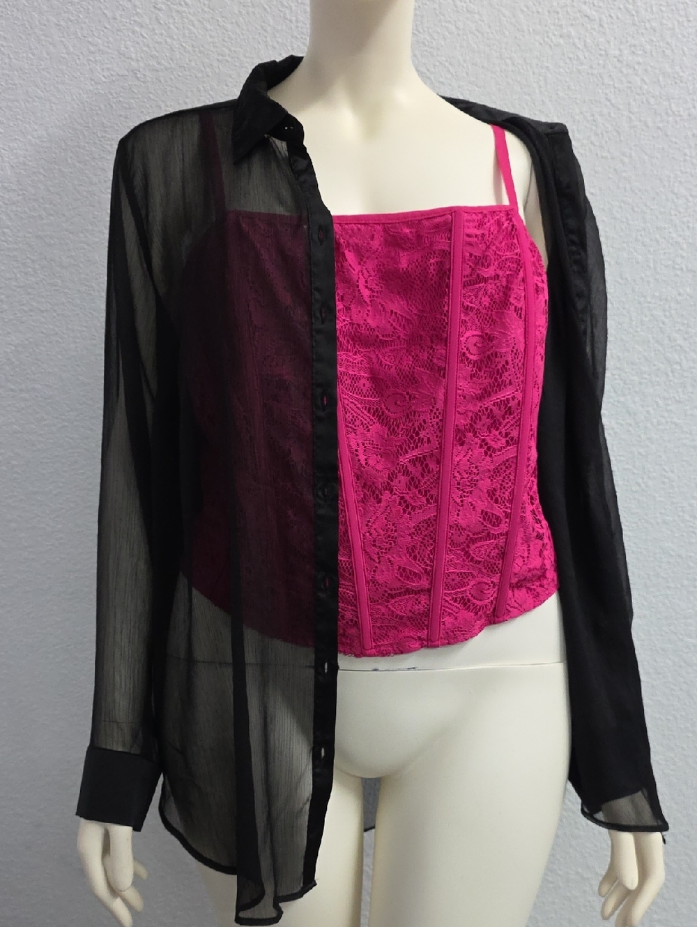 Torrid Corset &  Button Down 2 Piece Top Bundle Pink Lace / Black Sheer